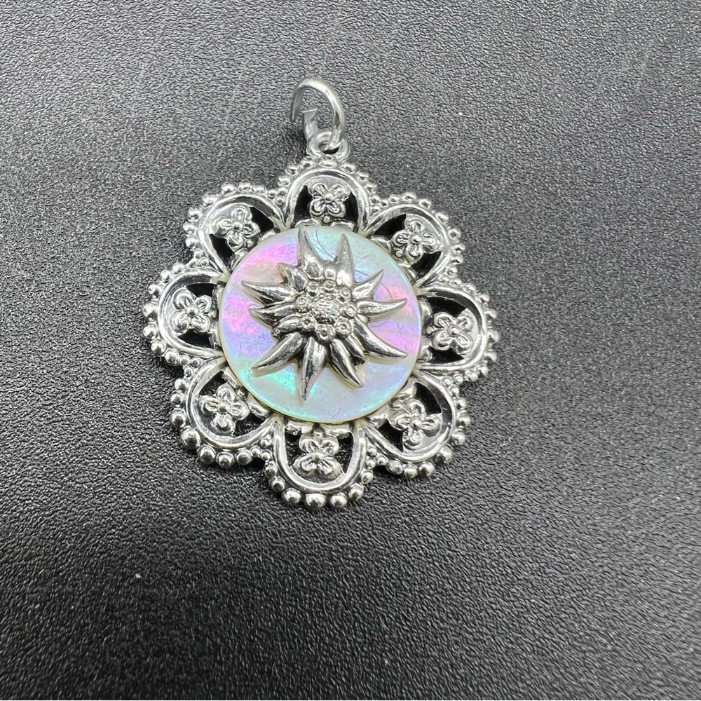 Edelweiss Flower Pendant Silver Tone Plastic Iridescent Vintage Style